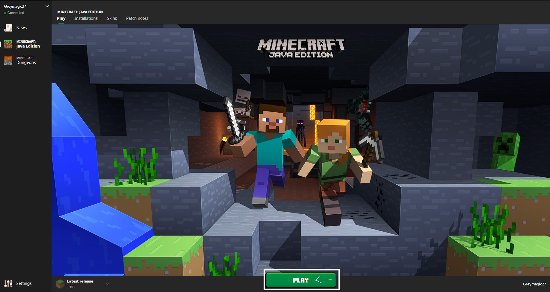 Minecraft launcher showing Play button