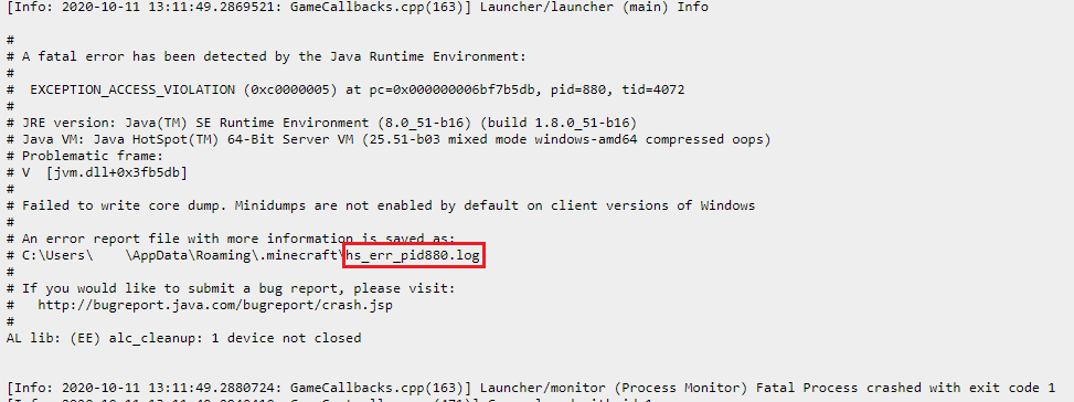 Launcher Log section referencing JVM crash report file name