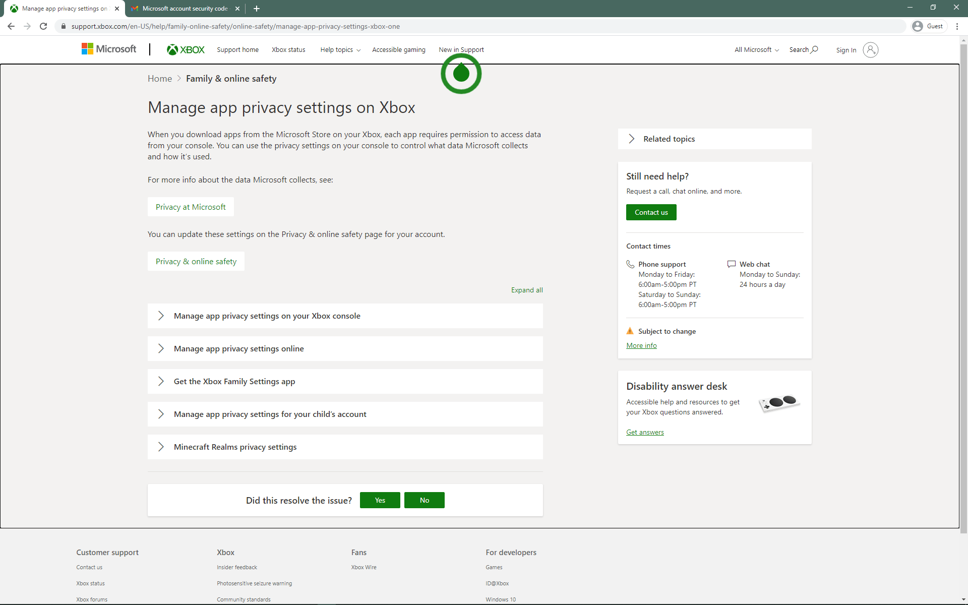 Xbox privacy redirecting to support page